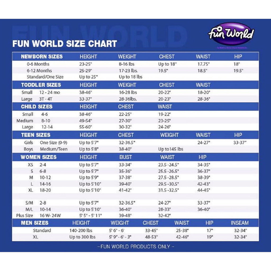 Fun World size chart poster with height, chest, waist, and hip measurements for adults