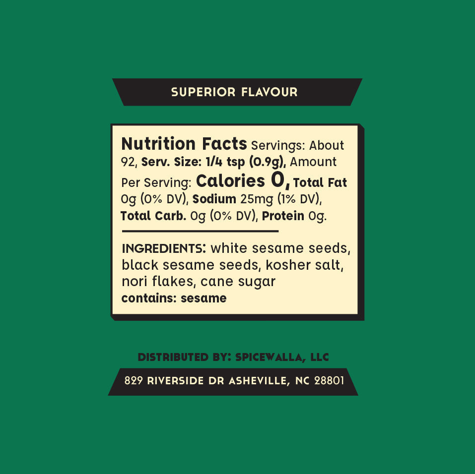 Furikake seasoning label nutrition facts panel on Spicewalla tin