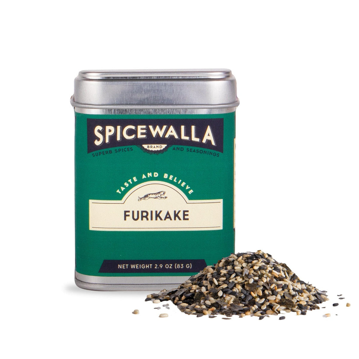 Spicewalla Furikake seasoning tin with scattered sesame spice flakes