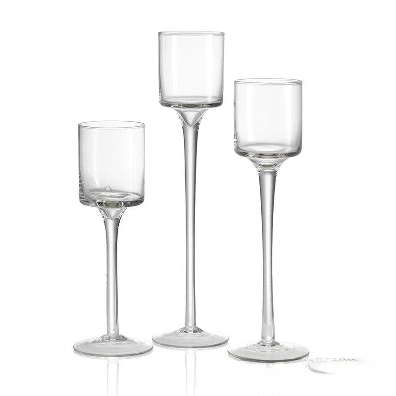 Set of 3 clear glass tapered pedestal candle holders with three stems