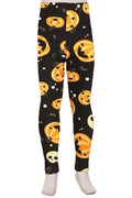 Plus size pumpkin-print brushed leggings, black with orange jack-o’-lantern and skull graphics