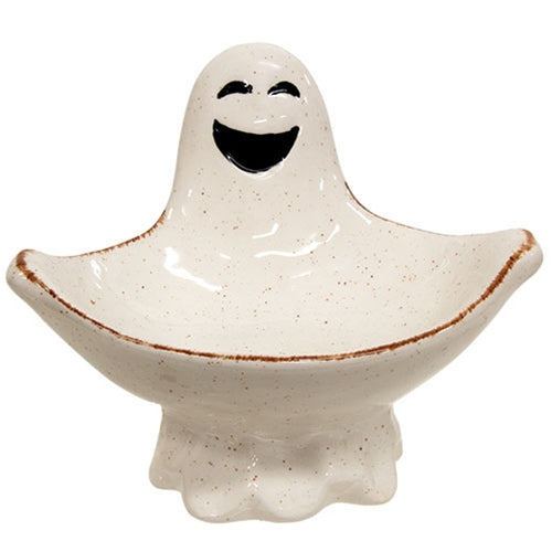White ceramic ghost candy dish with open bowl and black smiling face