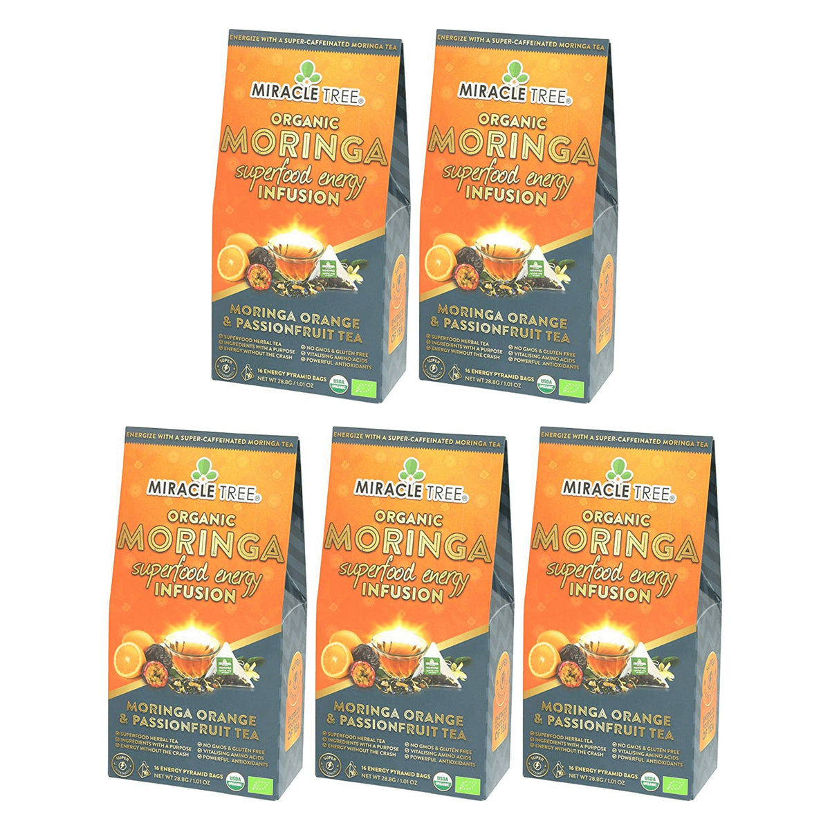 Organic moringa energy tea box, orange passionfruit flavor