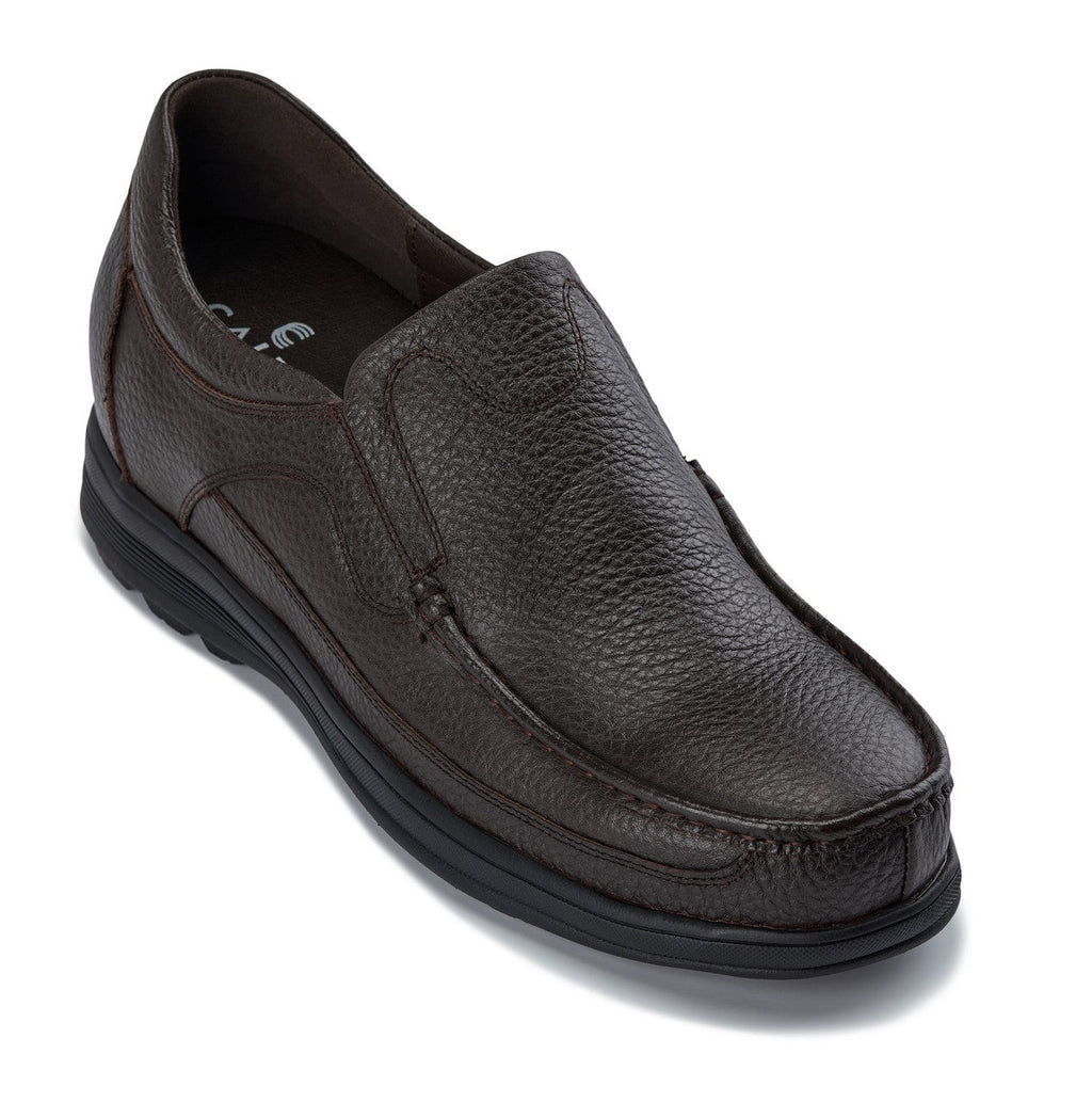 Dark brown leather slip-on loafer with stitched apron and low-profile comfort sole