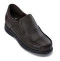 Dark brown leather slip-on loafer with stitched apron and low-profile comfort sole