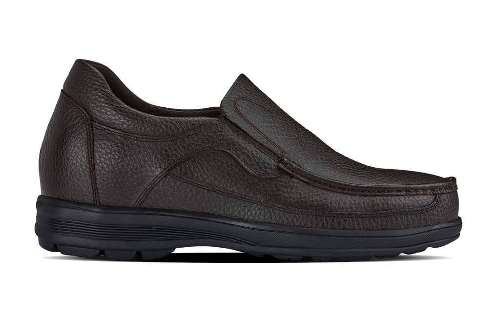 Dark brown leather slip-on loafer with moc-style seam and sculpted outsole
