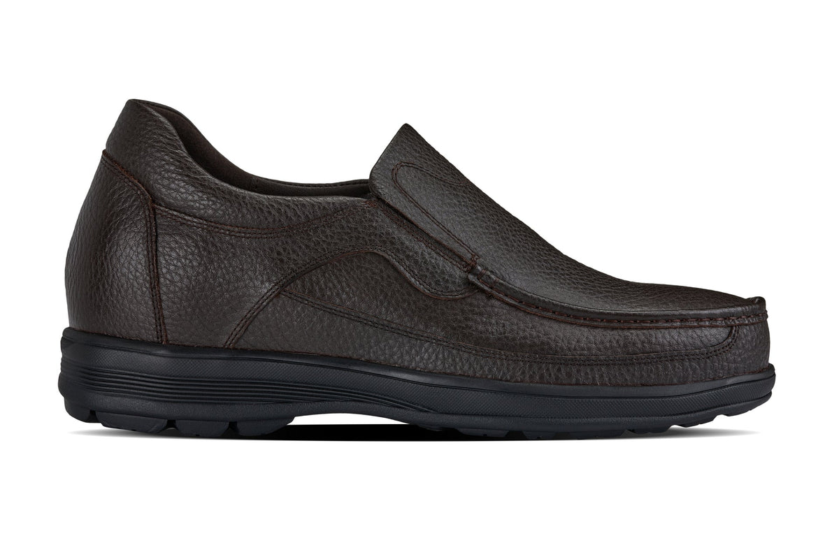 Dark brown leather slip-on loafer with moc-style seam and sculpted outsole
