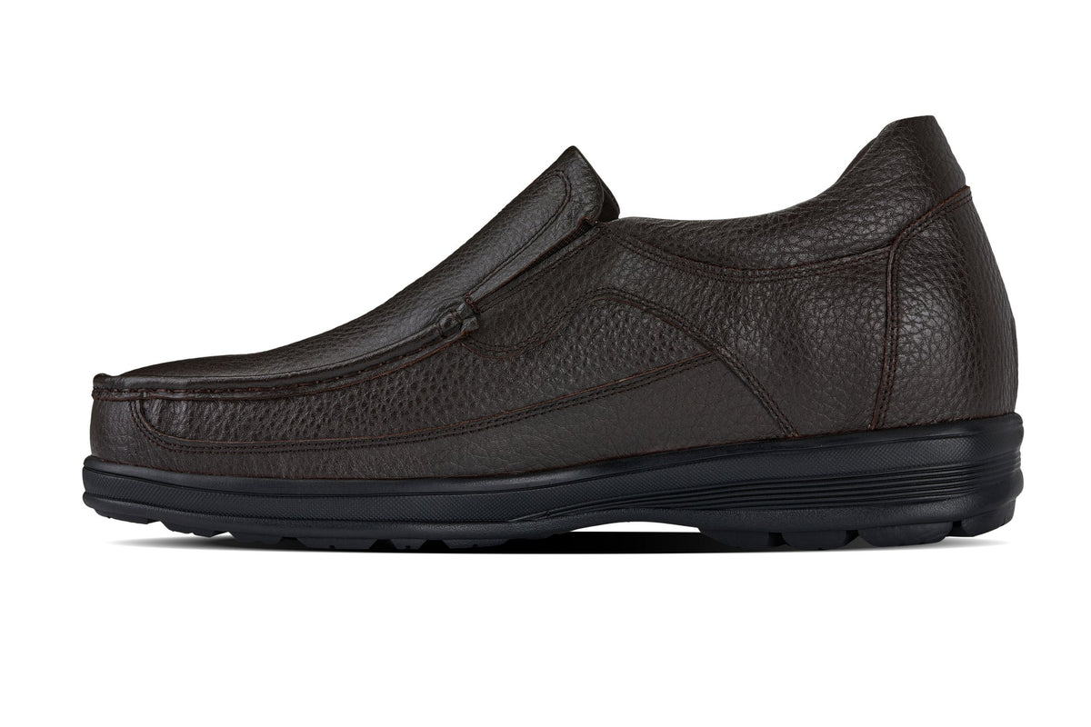 Dark brown leather slip-on loafer with strap detail and textured upper stitching