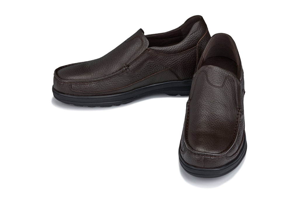 Dark brown leather slip-on loafer with rounded toe and side moc stitching