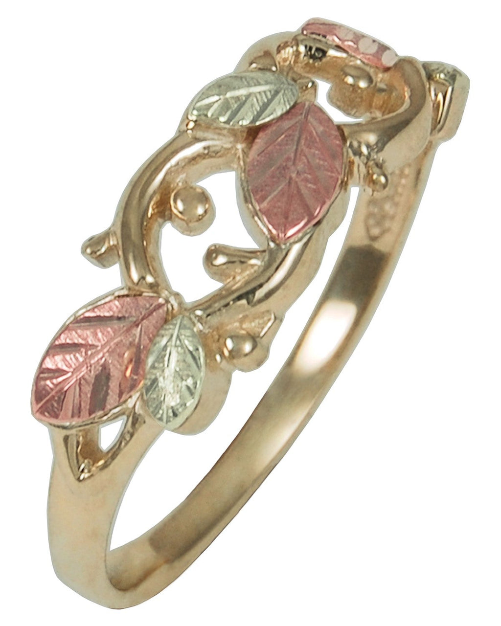 Gold-tone leaf motif ring, close-up with pink and green enamel leaves on slim band