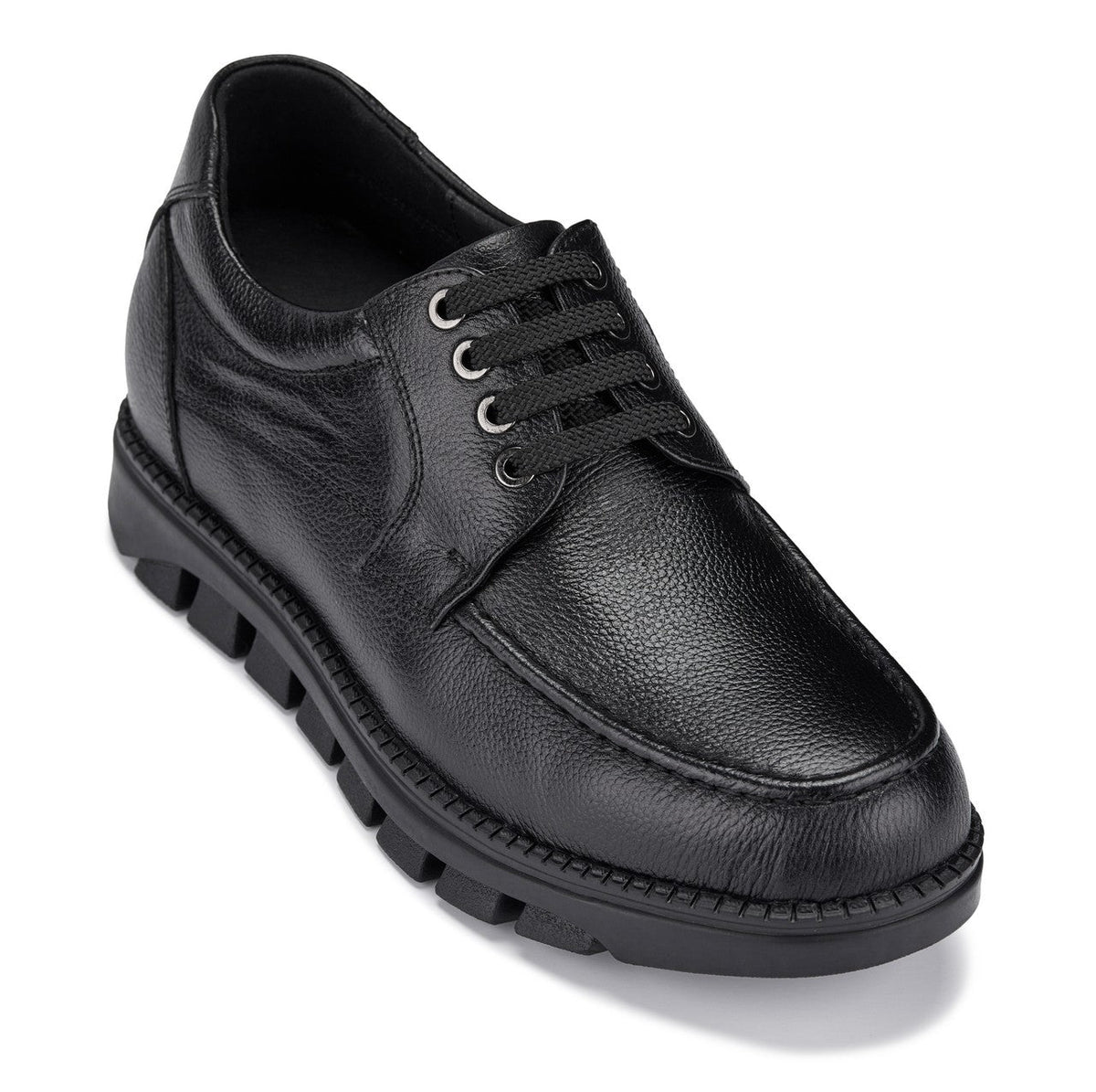 Black CALTO lace-up leather oxford with round toe and rugged lug sole.