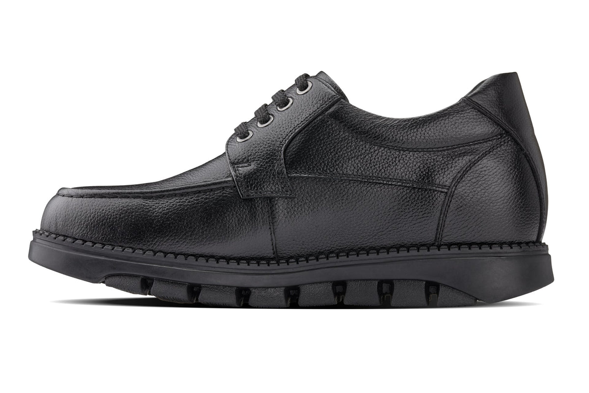 Black CALTO lace-up oxford shoe, side view with platform-style tread sole.