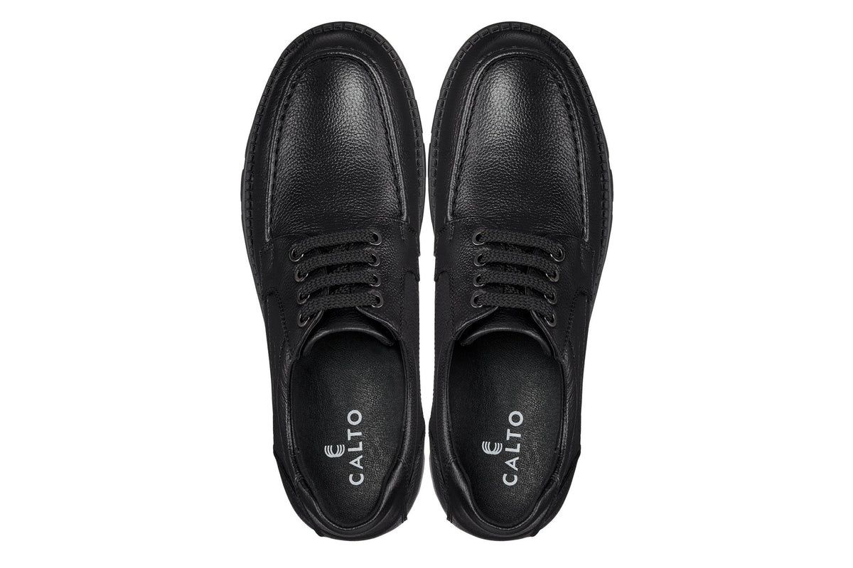 Pair of black CALTO lace-up oxford shoes viewed from the top.