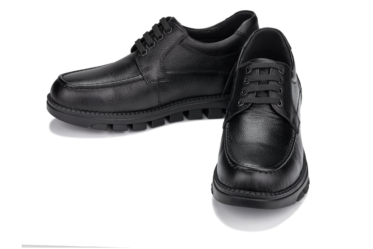 Black CALTO lace-up oxford shoes, one front and one side view.