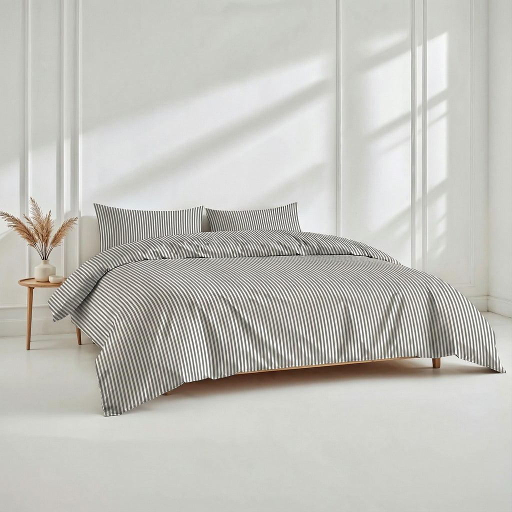 Gray and white mini-striped duvet cover with matching pillow shams
