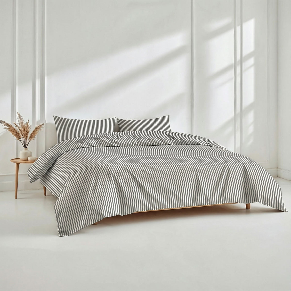 Gray and white mini-striped duvet cover with matching pillow shams