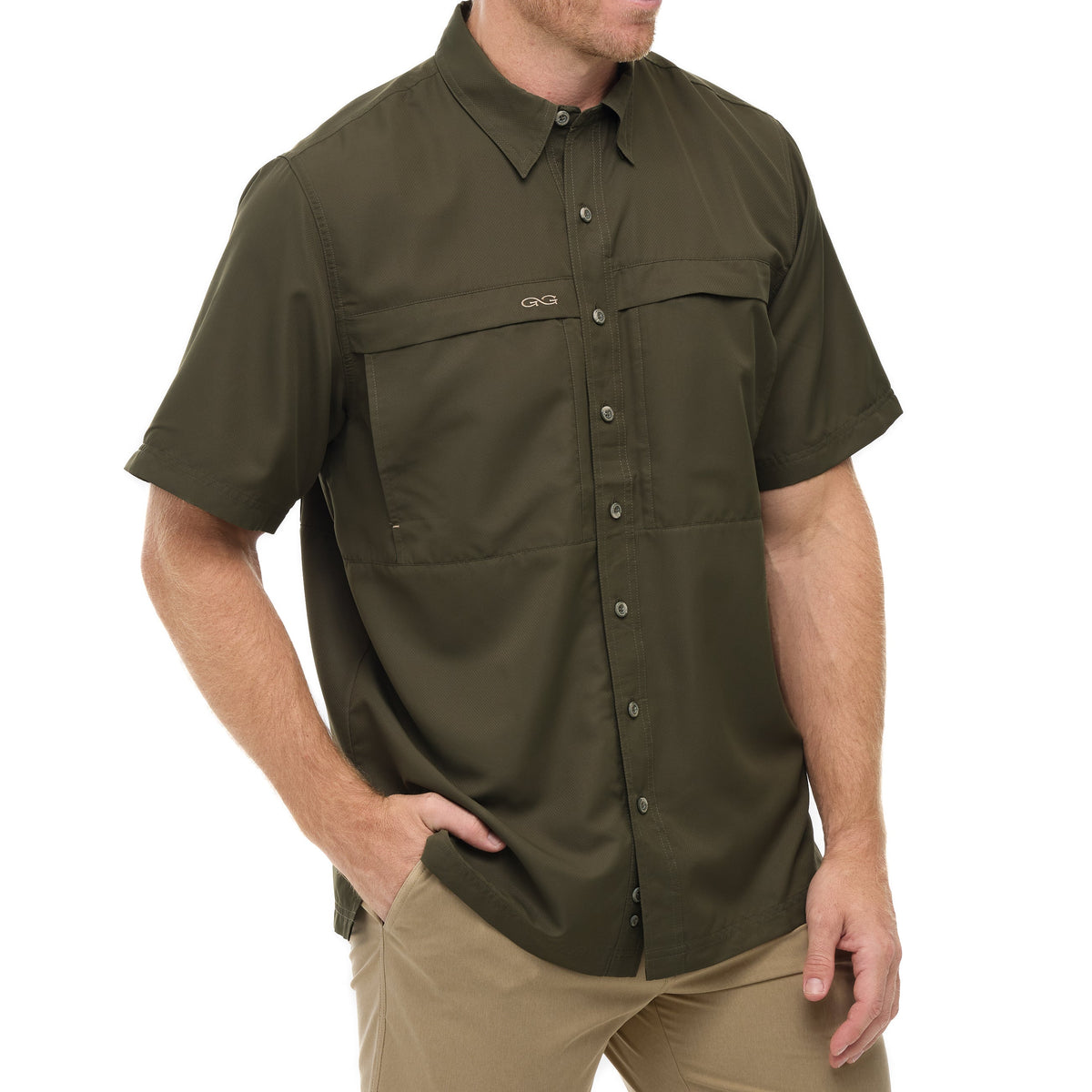 Men's olive short-sleeve button-up shirt with chest flap pocket and curved hem