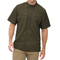 Men's olive short-sleeve button-up shirt with chest flap pockets