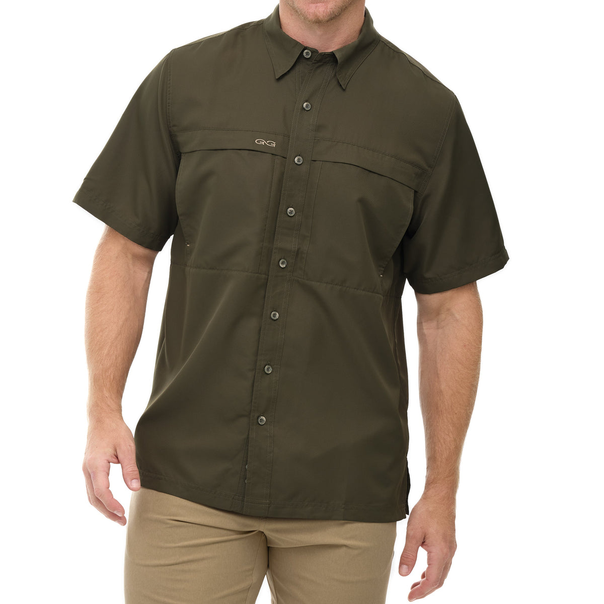 Men's olive short-sleeve button-up shirt with chest flap pockets