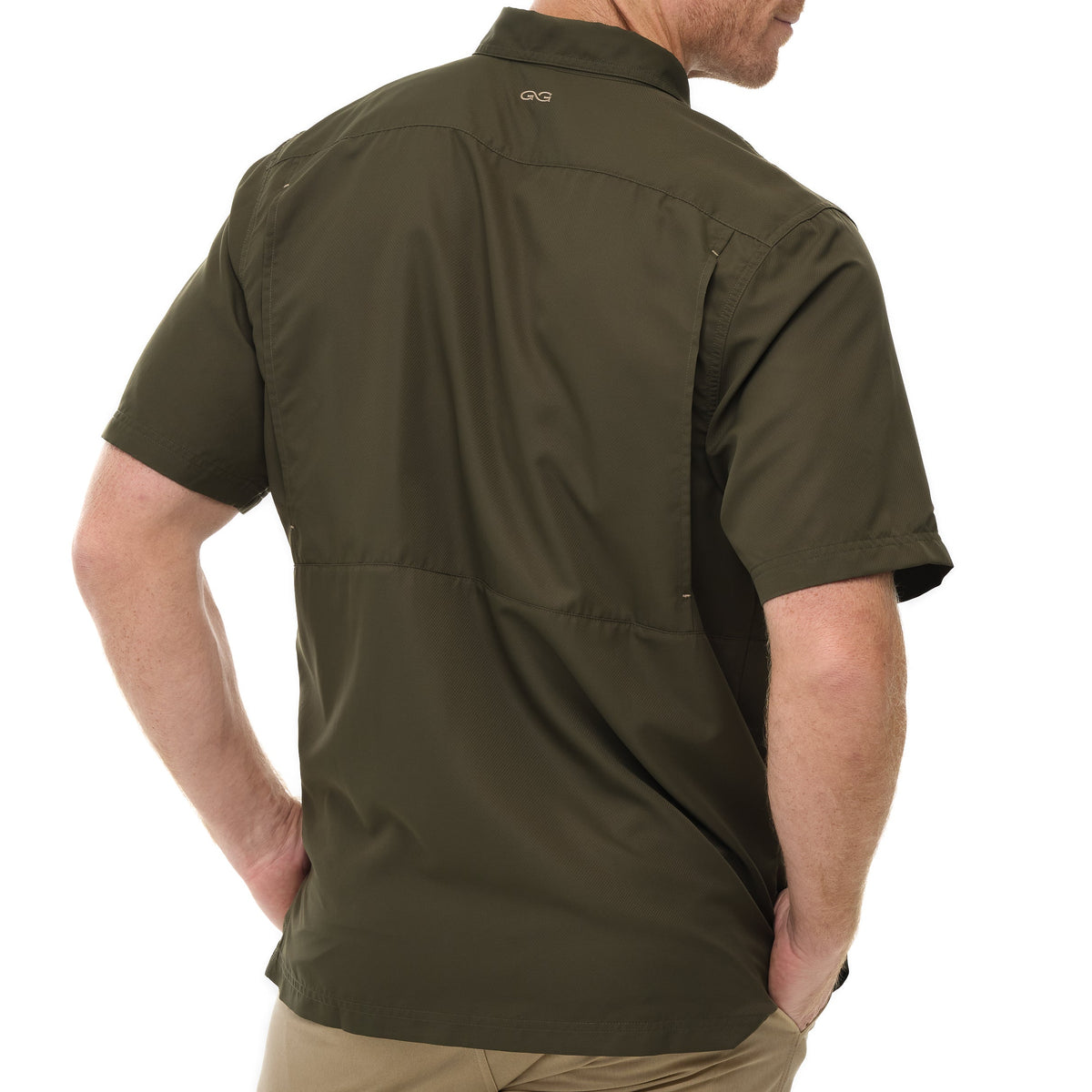 Men's olive short-sleeve button-up shirt, back view with yoke seam