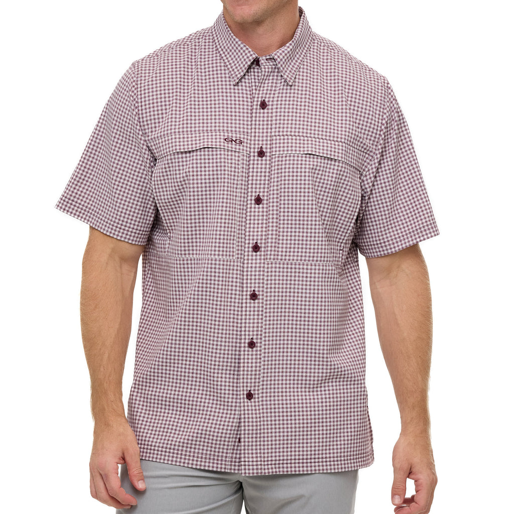 Maroon check short-sleeve button-up shirt with chest pockets and point collar.