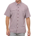 Maroon check short-sleeve button-up shirt with chest pockets and point collar.