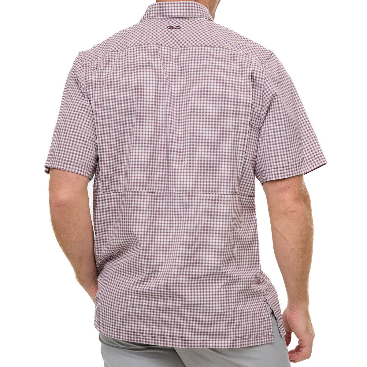 Maroon check short-sleeve button-up shirt, back view with curved shirttail hem.