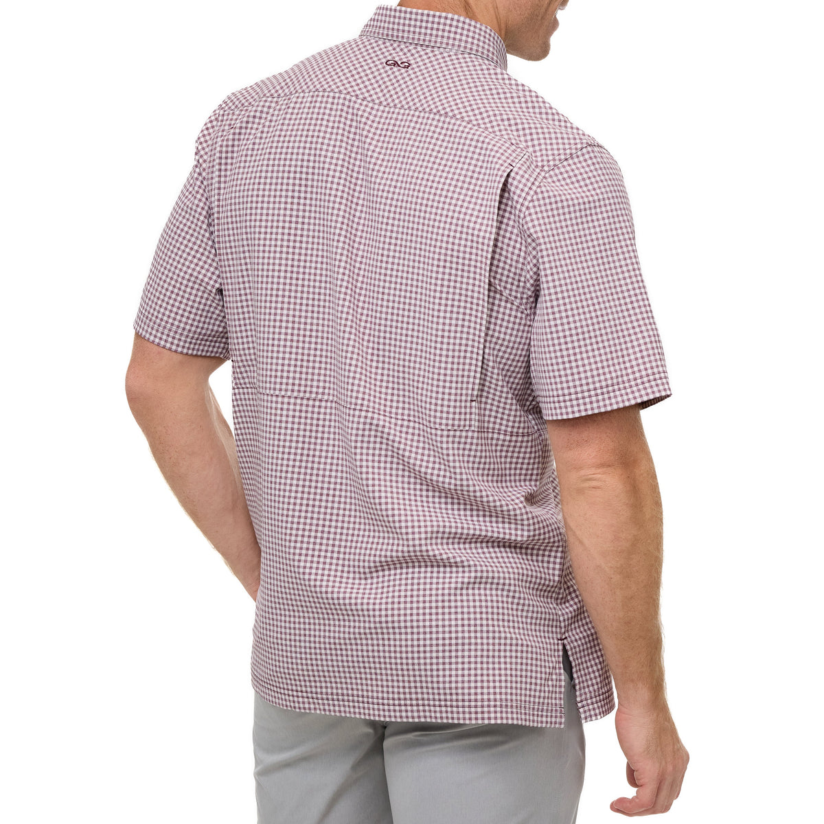 Maroon check short-sleeve button-up shirt, back view with curved hem detail.