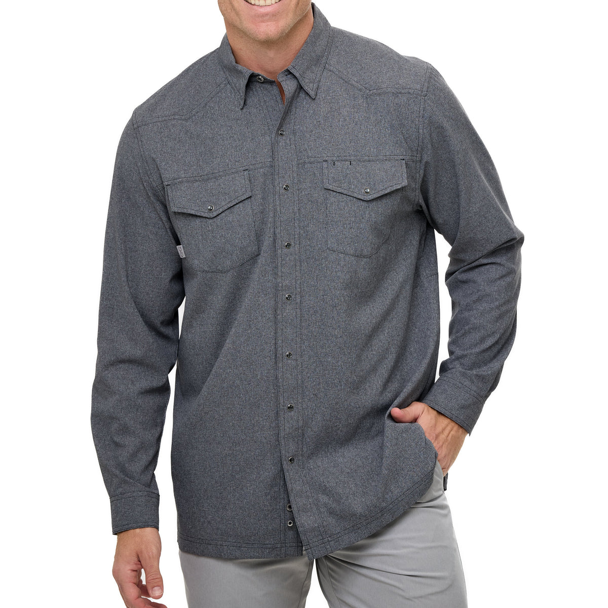 Men's dark gray long-sleeve snap-button shirt with two chest pockets