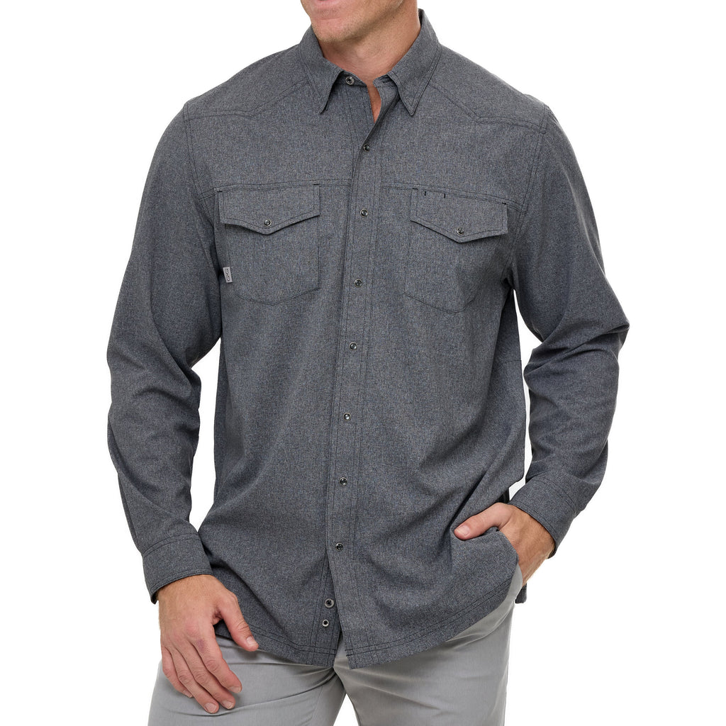 Men's dark gray long-sleeve snap-button shirt with two chest pockets