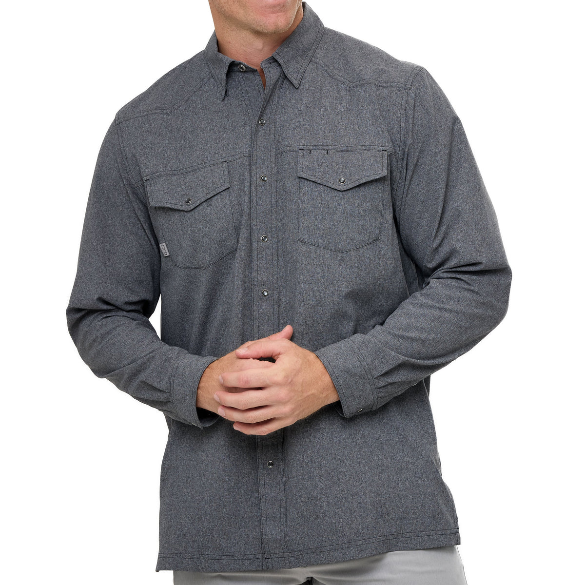 Men's dark gray long-sleeve snap-button shirt with two chest pockets