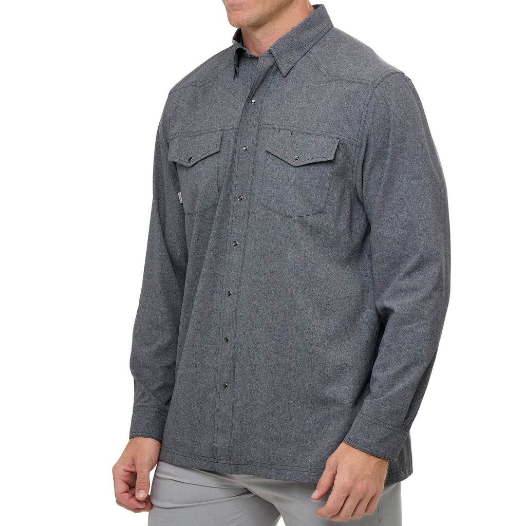 Men's dark gray long-sleeve snap-button shirt, side view, two chest pockets