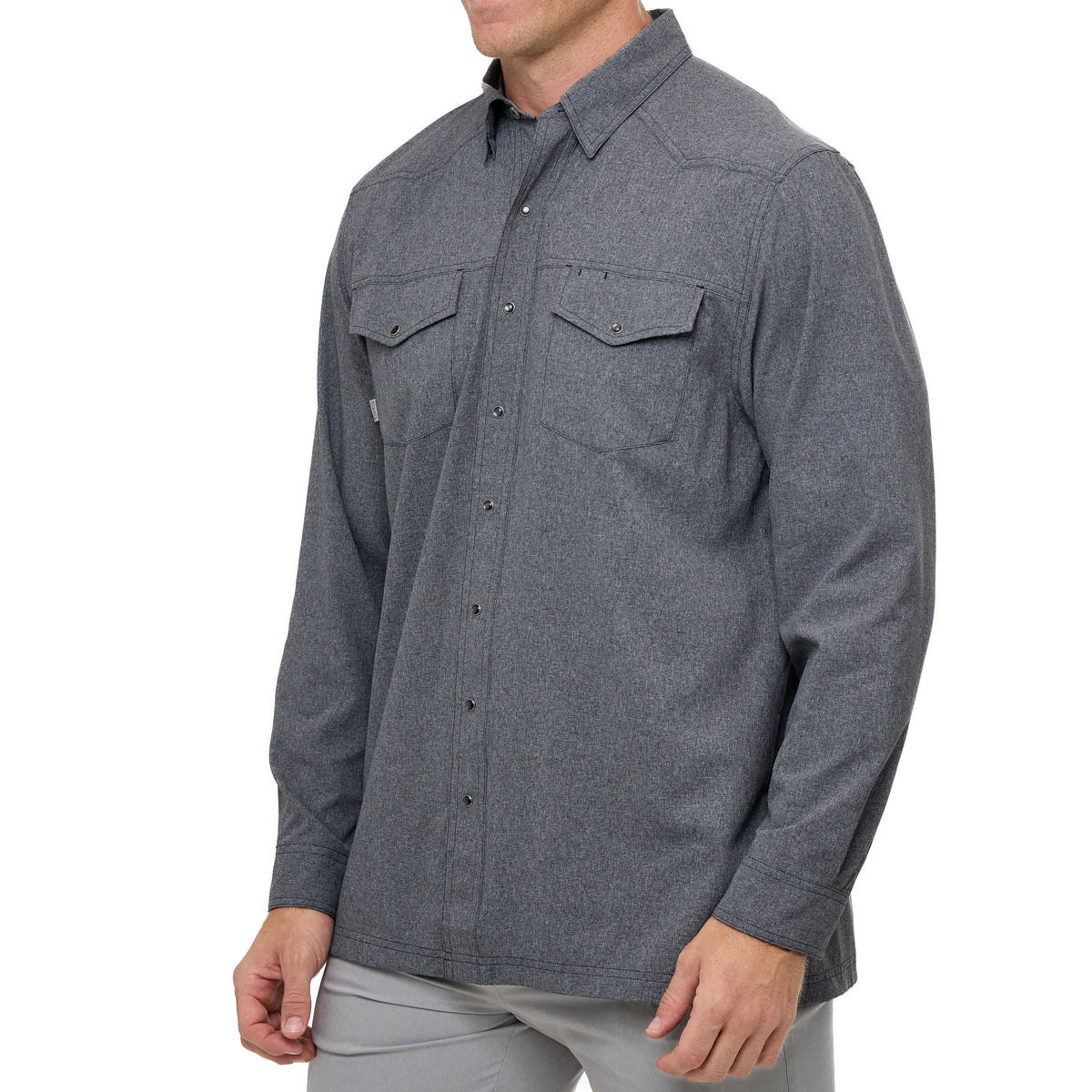 Men's dark gray long-sleeve snap-button shirt, side view, two chest pockets