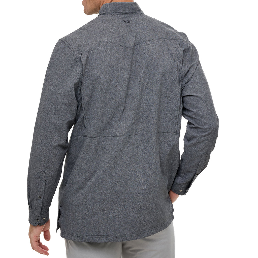 Men's dark gray long-sleeve snap-button shirt, back view