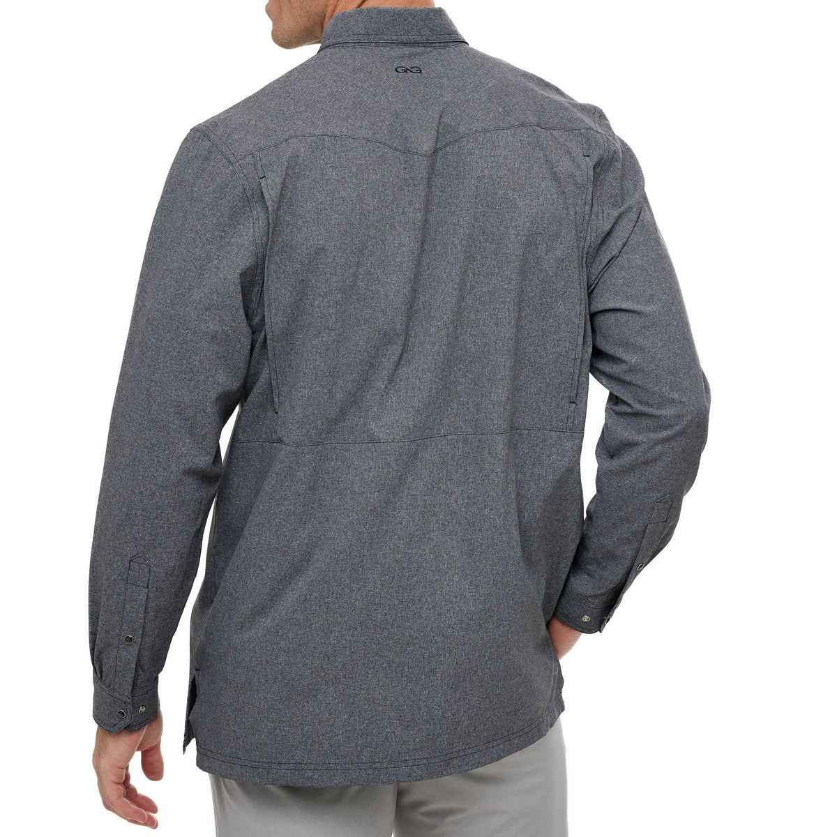 Men's dark gray long-sleeve snap-button shirt, back view
