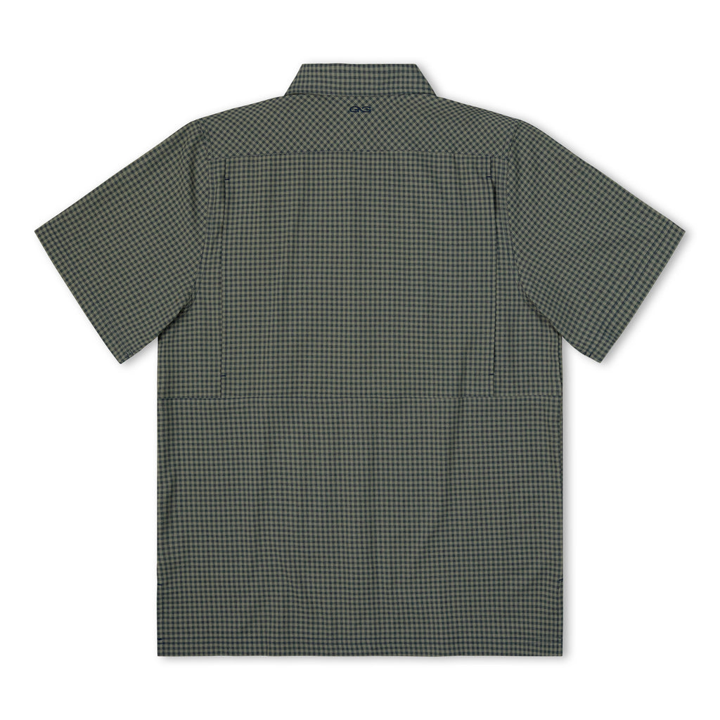 Men's short-sleeve button-up shirt in dark green and blue mini check, back view