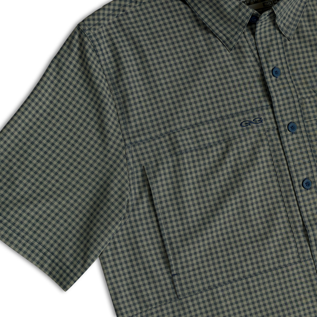 Collared mini check short-sleeve button-up shirt with blue buttons