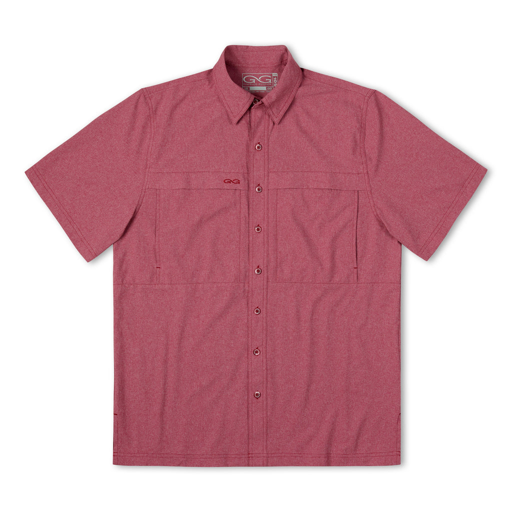 Crimson short-sleeve button-up shirt with chest pocket and logo at placket