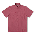 Crimson short-sleeve button-up shirt with chest pocket and logo at placket