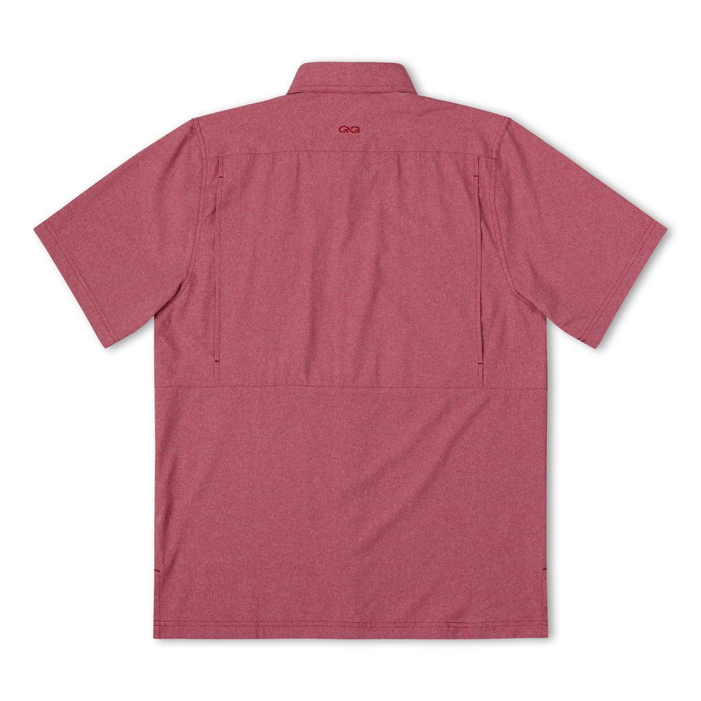 Crimson short-sleeve button-up shirt, back view with yoke and center seam