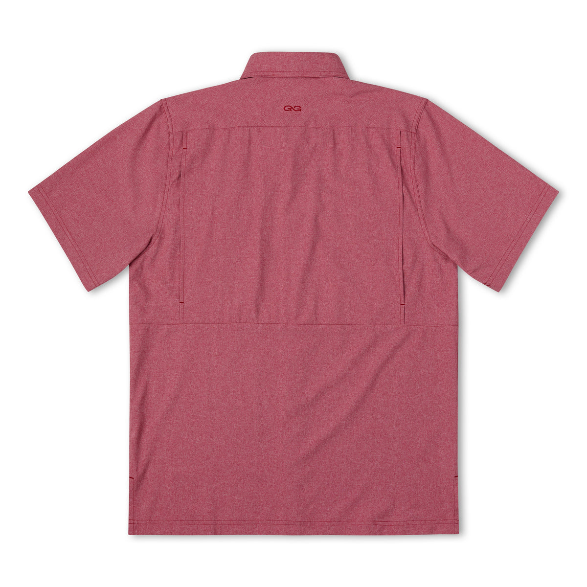 Crimson short-sleeve button-up shirt, back view with yoke and center seam