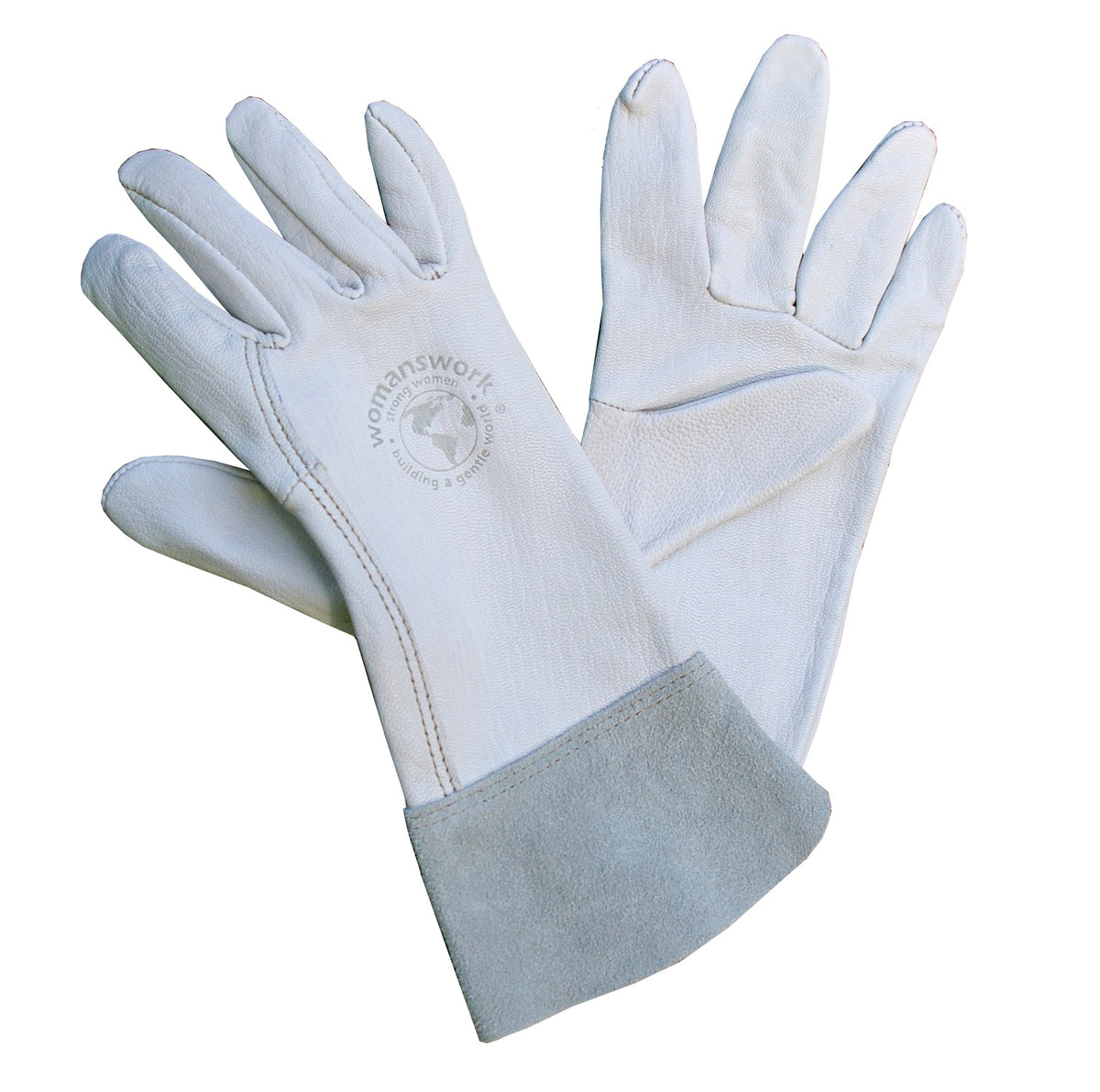 Pair of light blue goatskin garden gloves with suede cuff and stitched finger seams.
