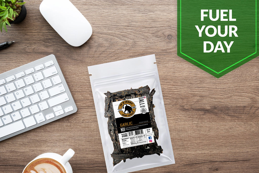 Garlic beef jerky pouch with Fuel Your Day badge overlay