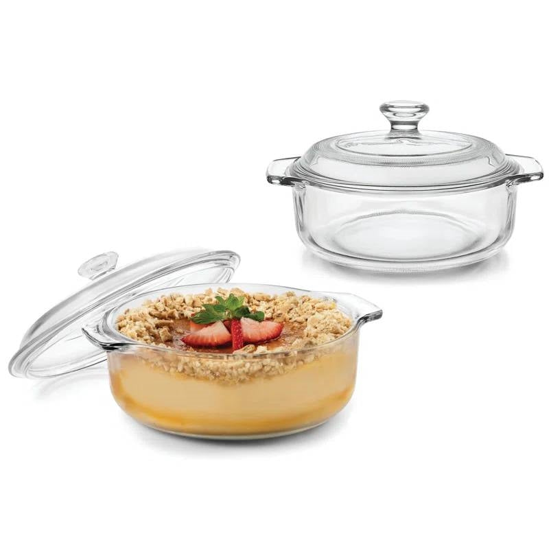 Clear glass Dutch oven casserole dish with lid and side handles, 1 qt capacity
