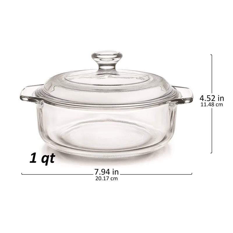 1 qt clear glass Dutch oven with domed lid, side handles, and knob