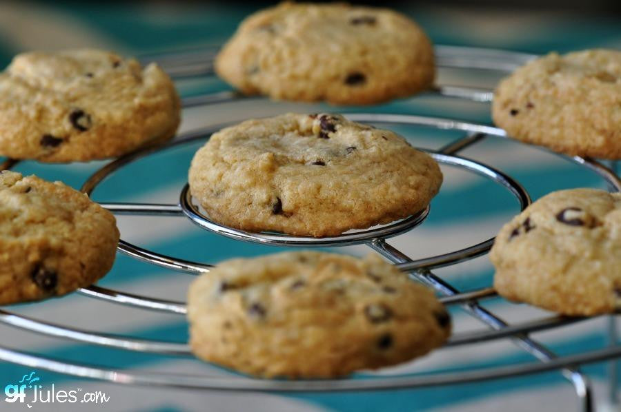 Gluten free cookies cooling on a metal rack