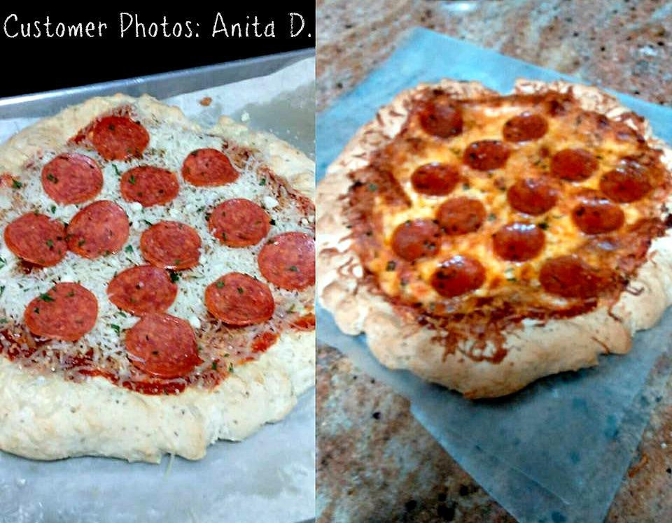 Gluten-free pizza crust mix, two baked pizzas with pepperoni and melted cheese