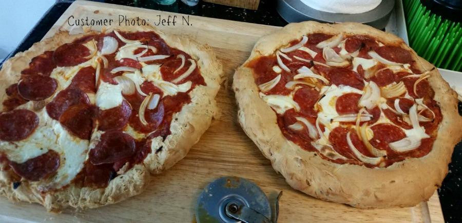 Gluten-free pizza crust mix, baked pizzas with red sauce and melted white cheese