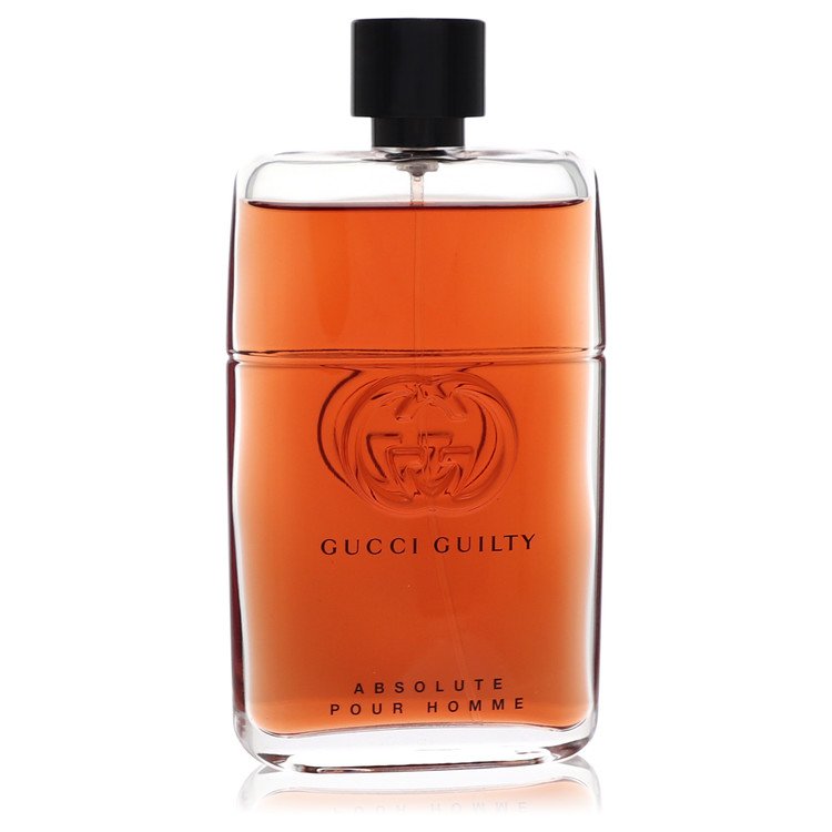 Gucci Guilty Absolute men's eau de parfum tester bottle with amber liquid and black cap