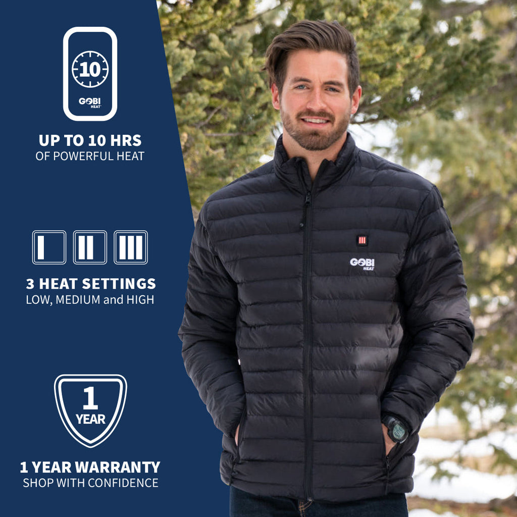 Quilted black heated jacket on model with GoBi Heat logo patch on chest